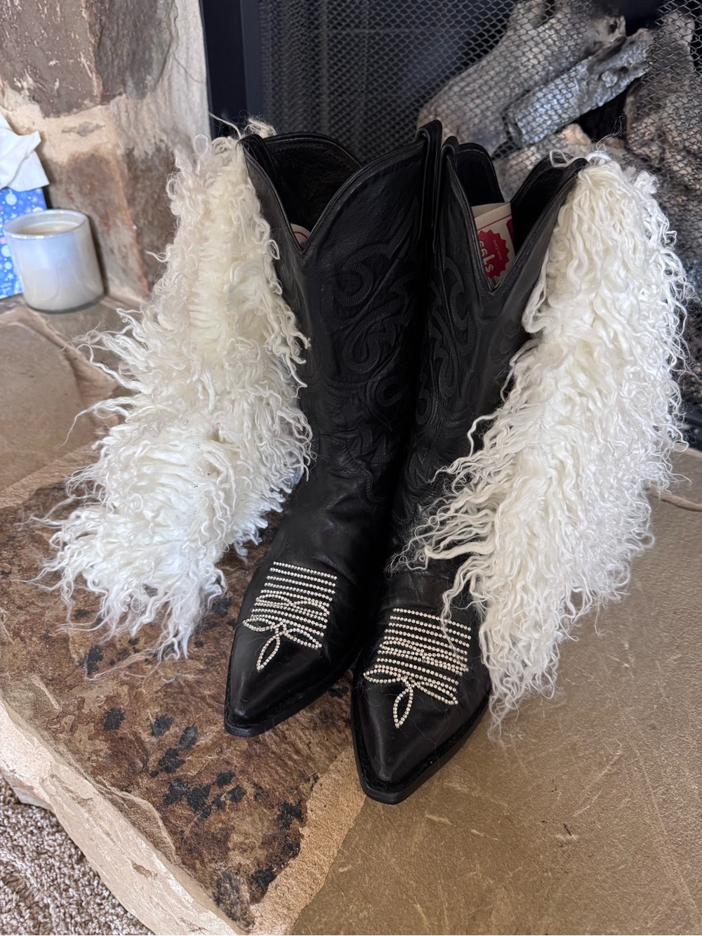 Black Sanders Western Boots with White Curly Fur Trim and Rhinestones 8 1/2